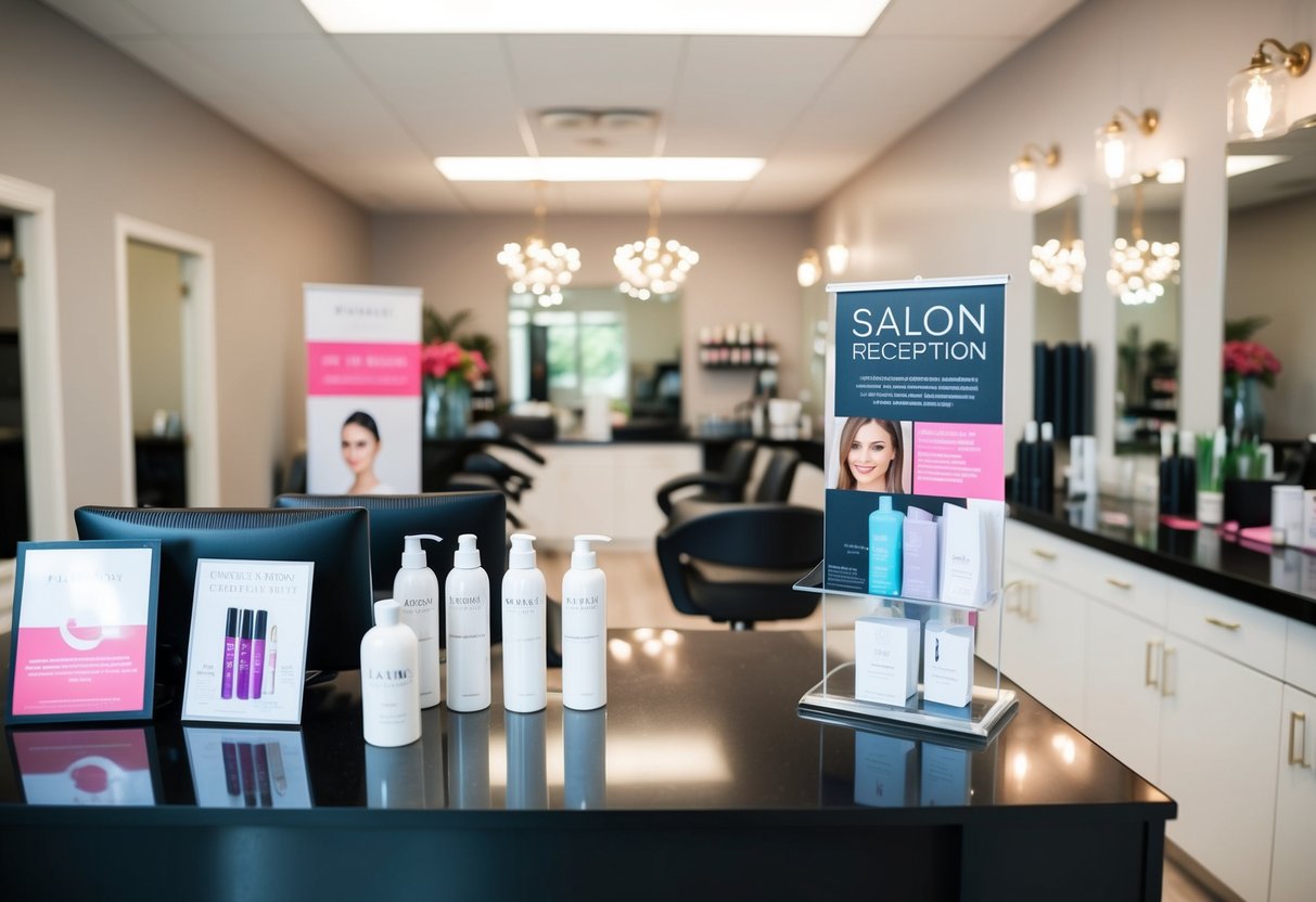 A salon reception desk with promotional materials and a display of products