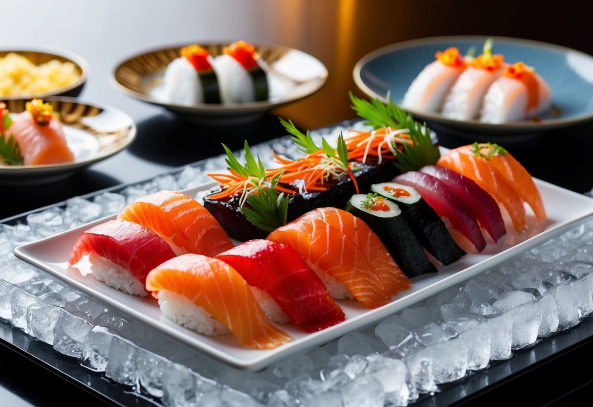 A variety of fresh sashimi displayed on ice with elegant plating and decorative garnishes