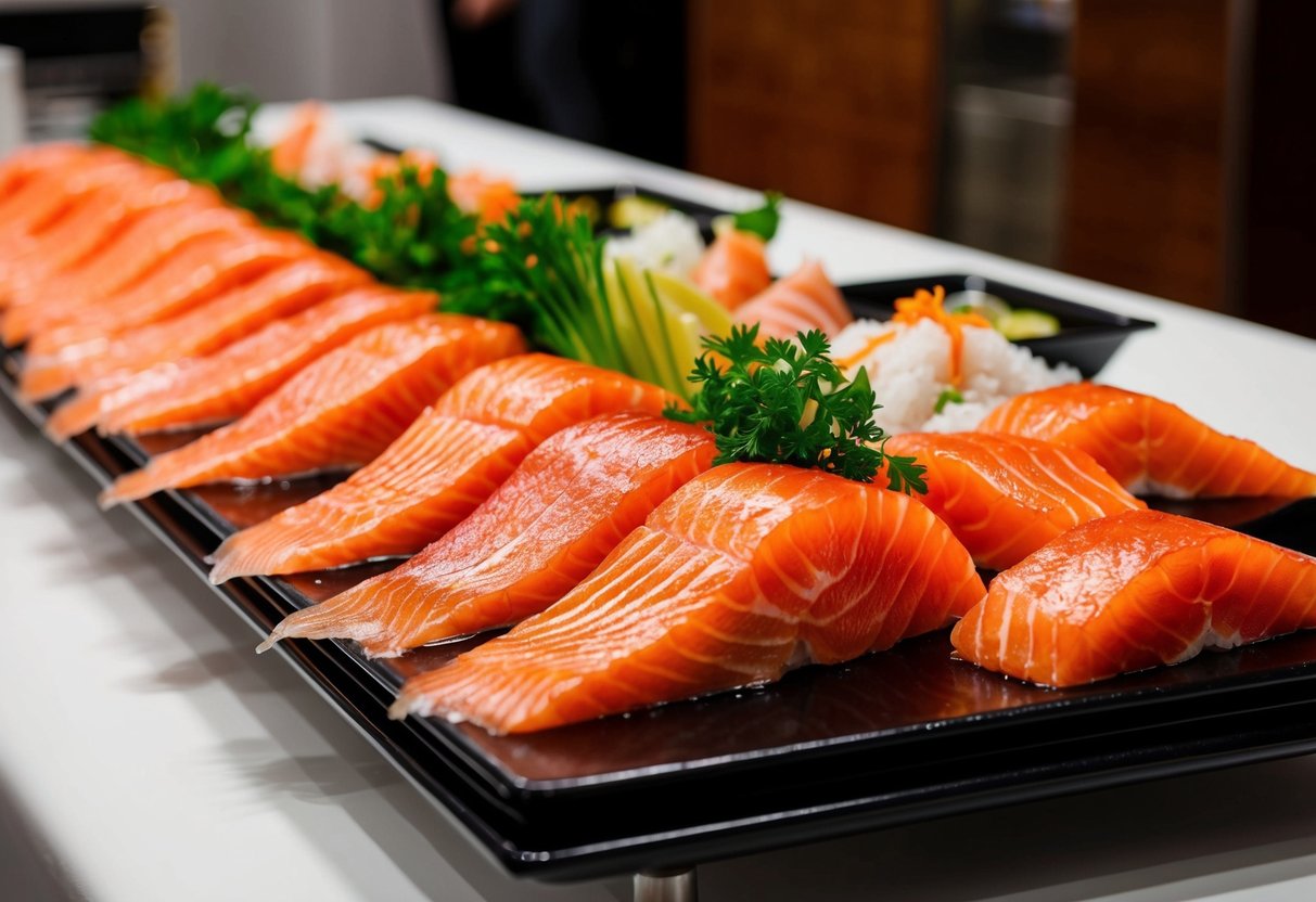 A table overflowing with fresh, glistening salmon sashimi arranged in an enticing display