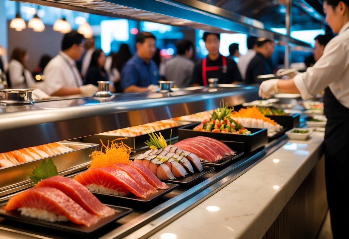 The bustling sashimi buffet, with glistening tuna delights, draws in a crowd with Half-Price promotions