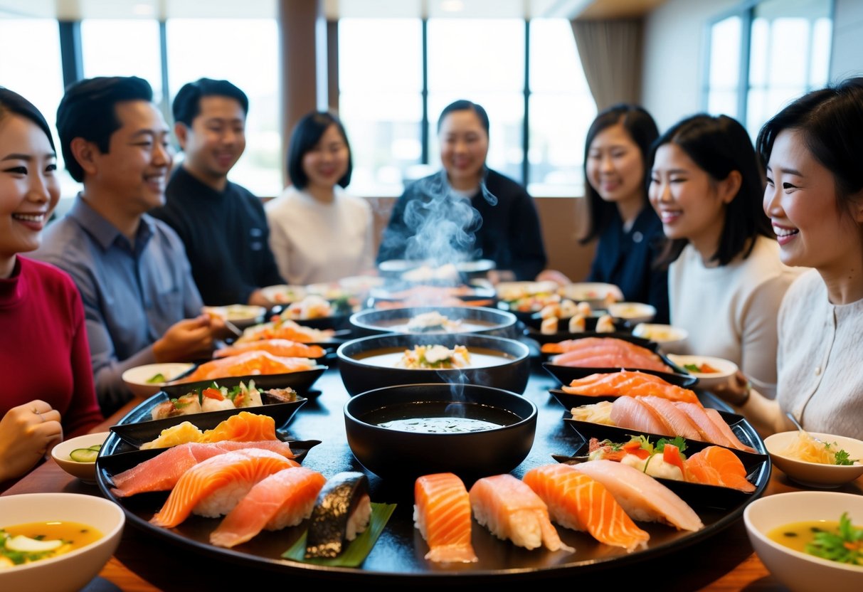 A table filled with assorted sashimi dishes, accompanied by a steaming bowl of miso soup, surrounded by happy customers enjoying the buffet
