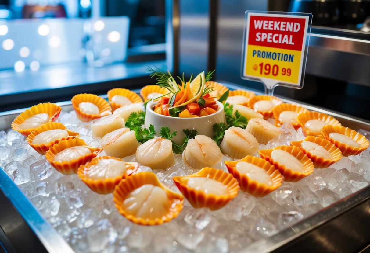 A vibrant display of fresh, glistening scallops arranged on ice with elegant garnishes and a sign advertising the weekend special promotion