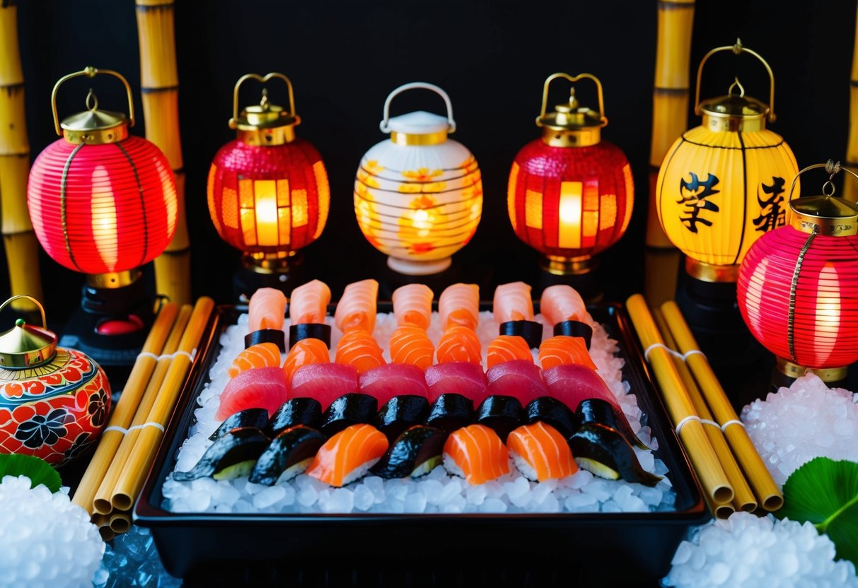 A colorful array of fresh sashimi, arranged on ice, surrounded by decorative Japanese lanterns and bamboo accents