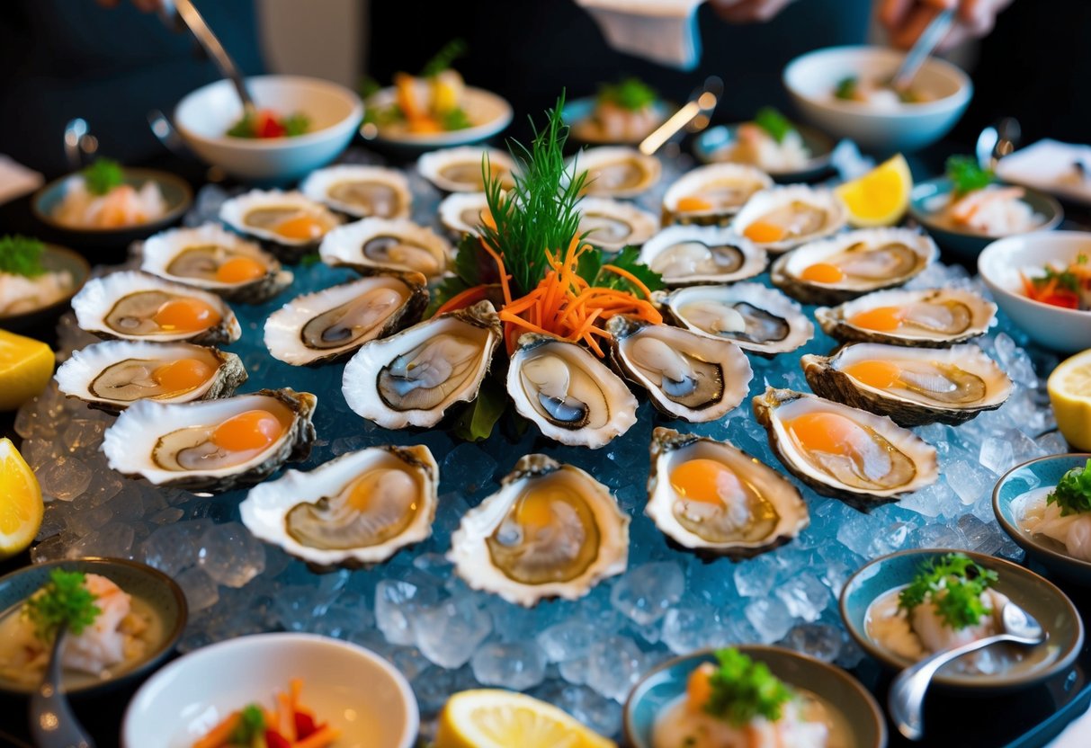A bountiful spread of fresh oysters, sashimi, and various seafood delicacies displayed on a bed of ice, surrounded by vibrant garnishes and elegant serving dishes