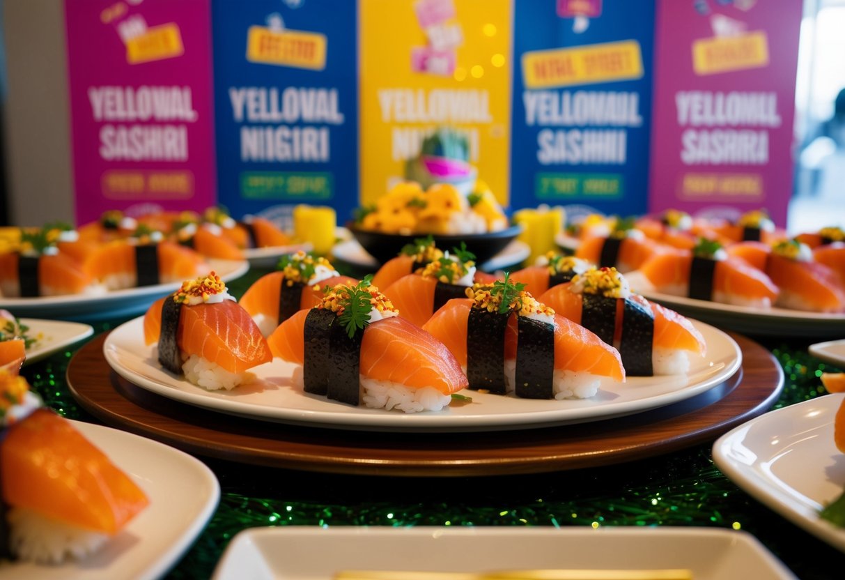 A table filled with plates of yellowtail nigiri sashimi, surrounded by colorful decorations and promotional banners