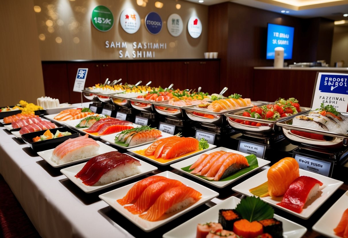 A colorful buffet spread with various sashimi dishes and promotional signage