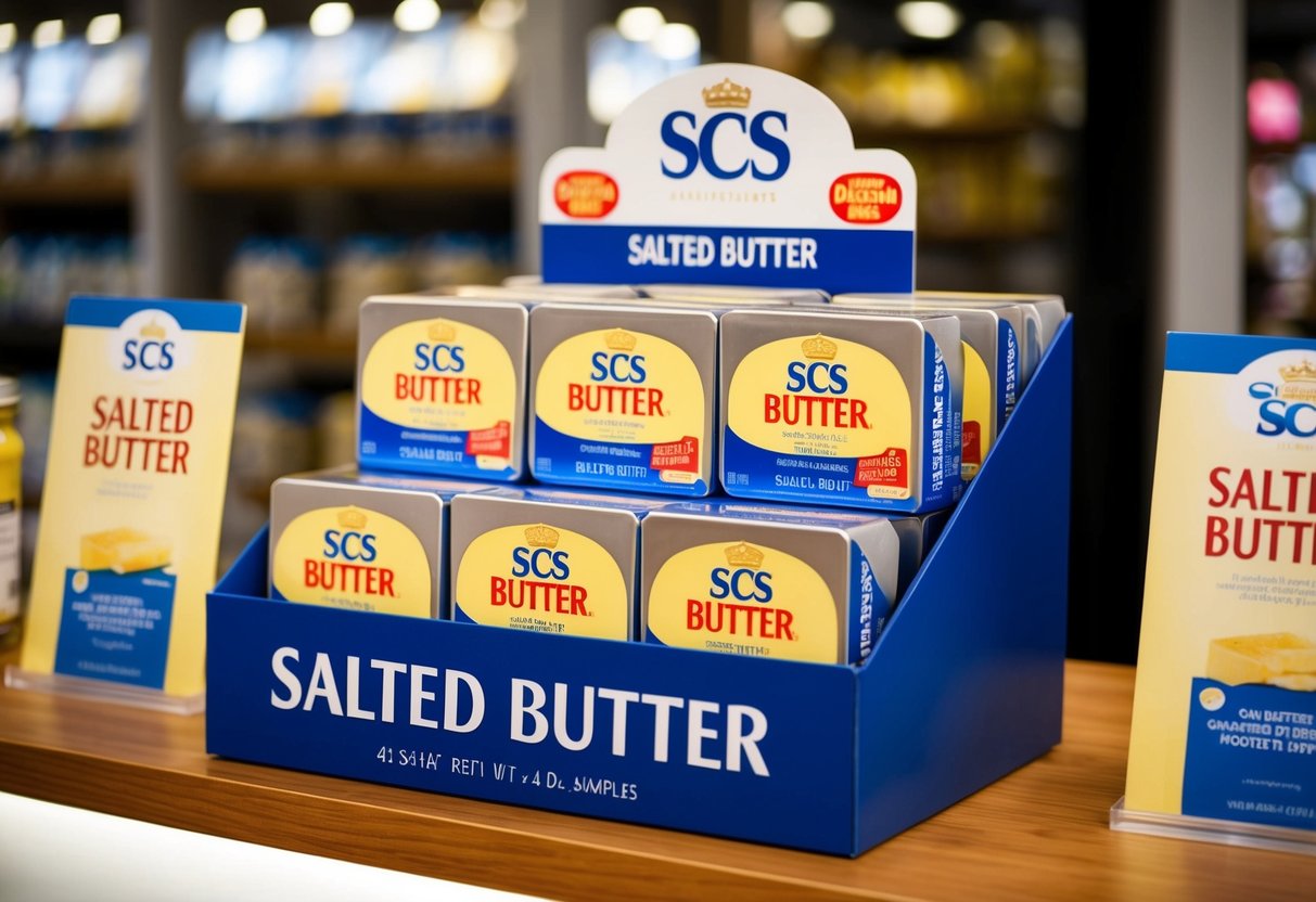 A display featuring SCS Salted Butter on sale with promotional signage and samples