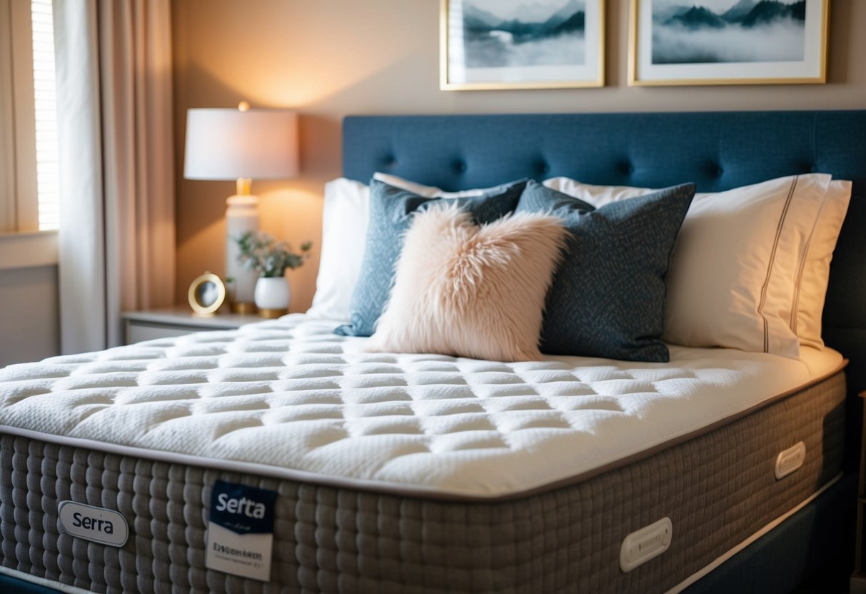 A cozy bedroom with a Serta mattress, adorned with fluffy pillows and a soft blanket, surrounded by tranquil decor and warm lighting