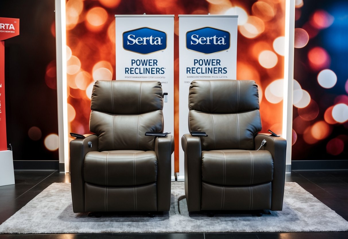 Two Serta power recliners displayed with promotional signage