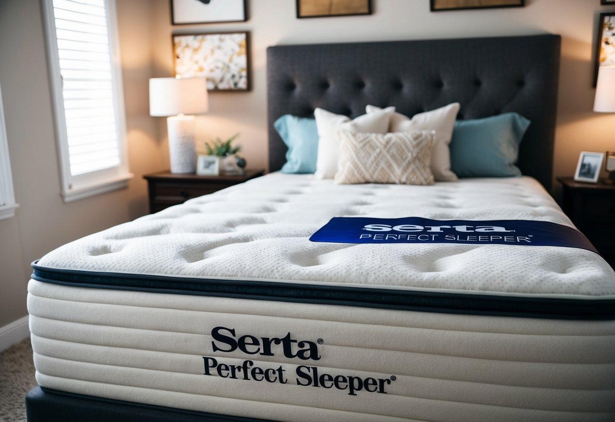 A cozy bedroom with a Serta Perfect Sleeper Mattress, adorned with promotional materials