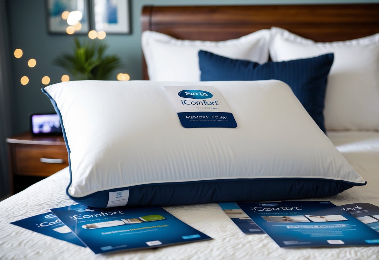 A cozy bedroom with a plush Serta iComfort Memory Foam Pillow on a neatly made bed, surrounded by promotional materials