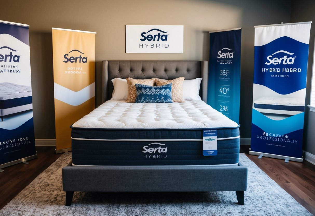 A cozy bedroom with a Serta Hybrid mattress prominently displayed, surrounded by promotional banners and signs