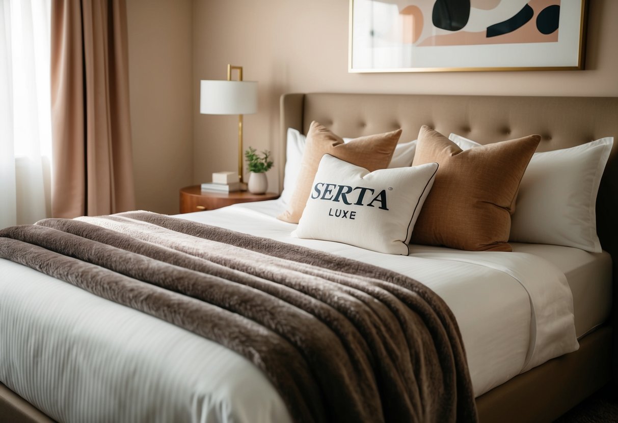 A cozy bedroom with a Serta Luxe Plush Blanket draped over a neatly made bed, with soft lighting and a warm color palette