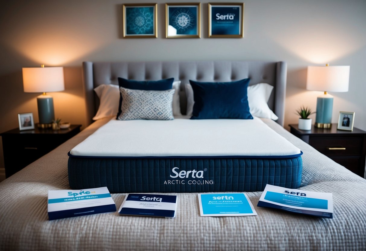 A cozy bedroom with a Serta Arctic Cooling Mattress Topper on a bed, surrounded by promotional materials