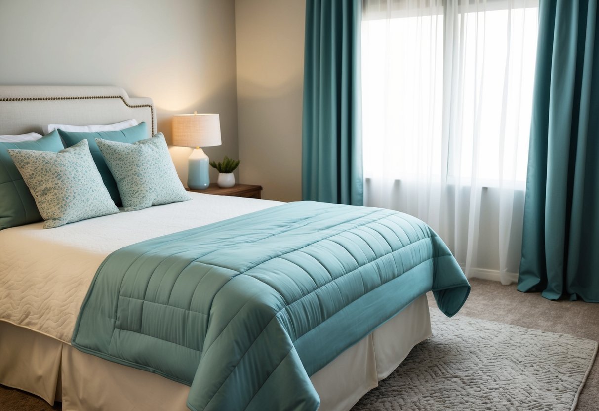 A cozy bedroom with a neatly made bed, featuring a Serta 3-Piece Comforter Set in a serene color scheme
