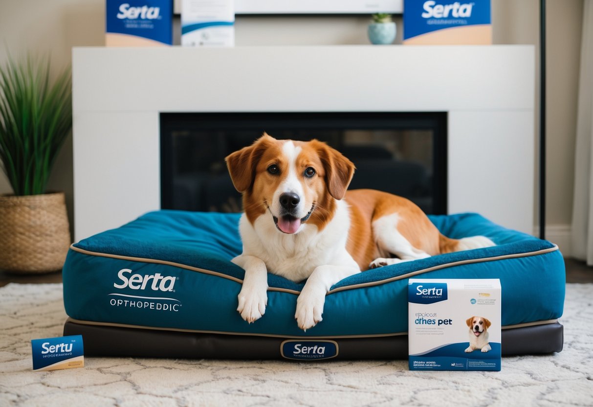 A cozy dog laying on a Serta Orthopedic Pet Bed, surrounded by promotional materials