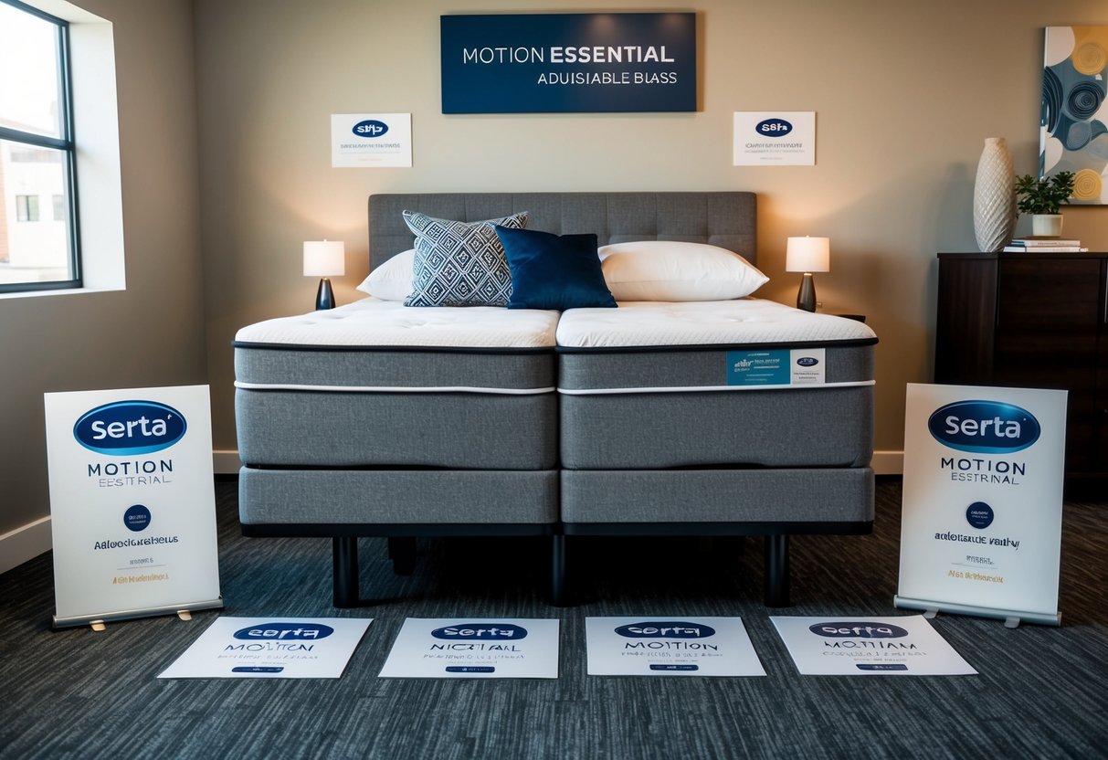 A bed with a Serta Motion Essential Adjustable Base, surrounded by promotional materials and logos