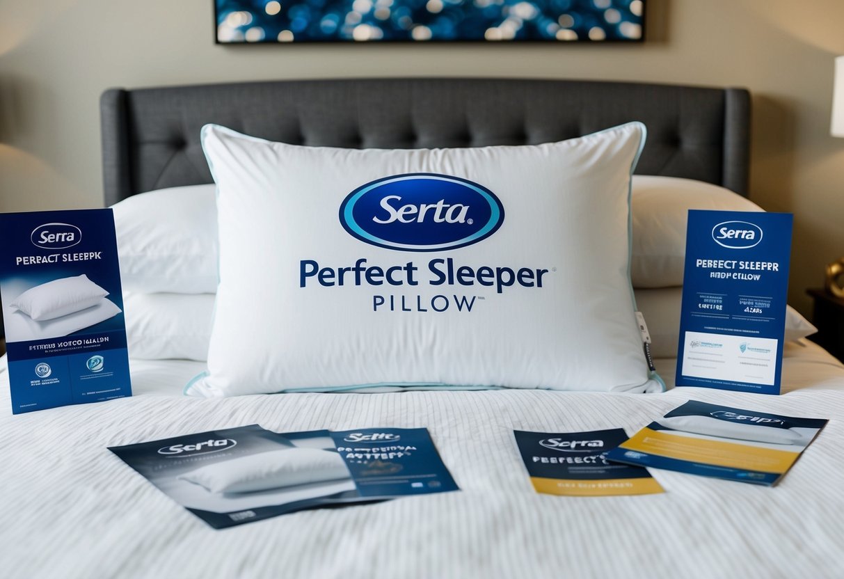 A cozy bedroom with a Serta Perfect Sleeper Pillow prominently displayed, surrounded by promotional materials