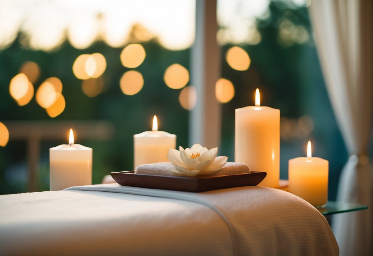 A serene spa setting with a massage table, aromatic candles, and soothing decor