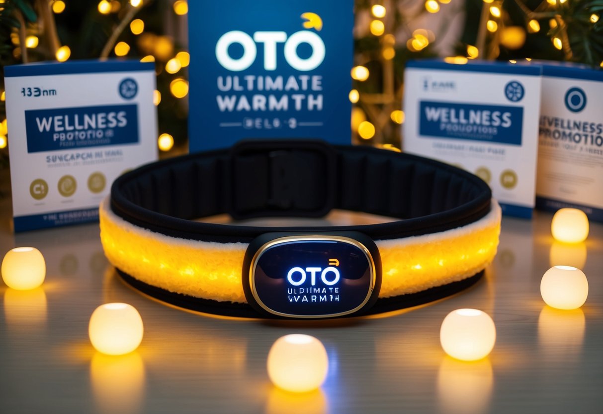 A cozy, glowing OTO Ultimate Warmth Belt surrounded by wellness promotions in Singapore