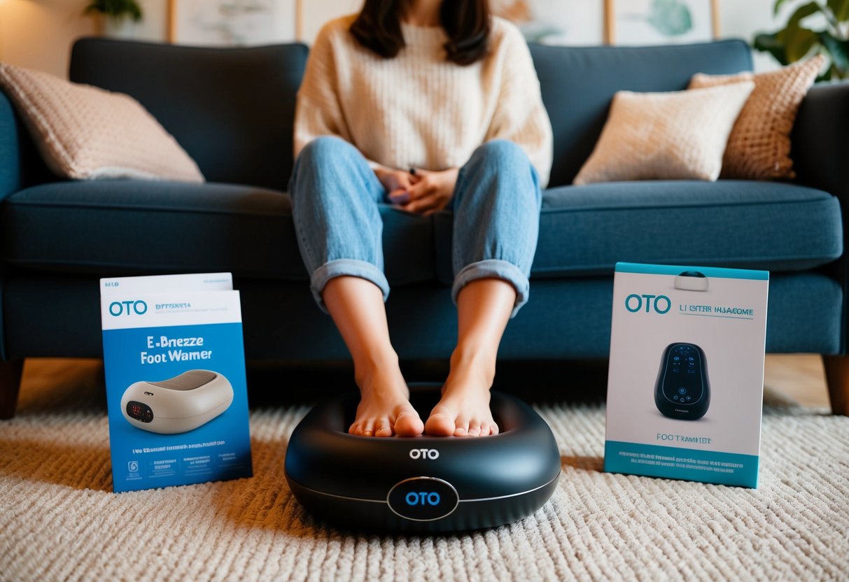 A cozy living room with a person's feet resting on an OTO e-Breeze Foot Warmer, surrounded by OTO wellness promotion materials from Singapore