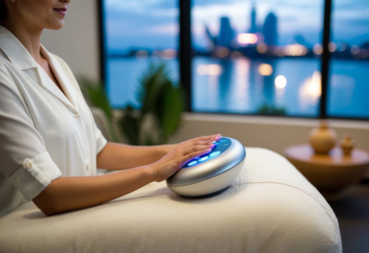 A person is using the OTO OmniPad Full Body Massager in a tranquil wellness setting in Singapore