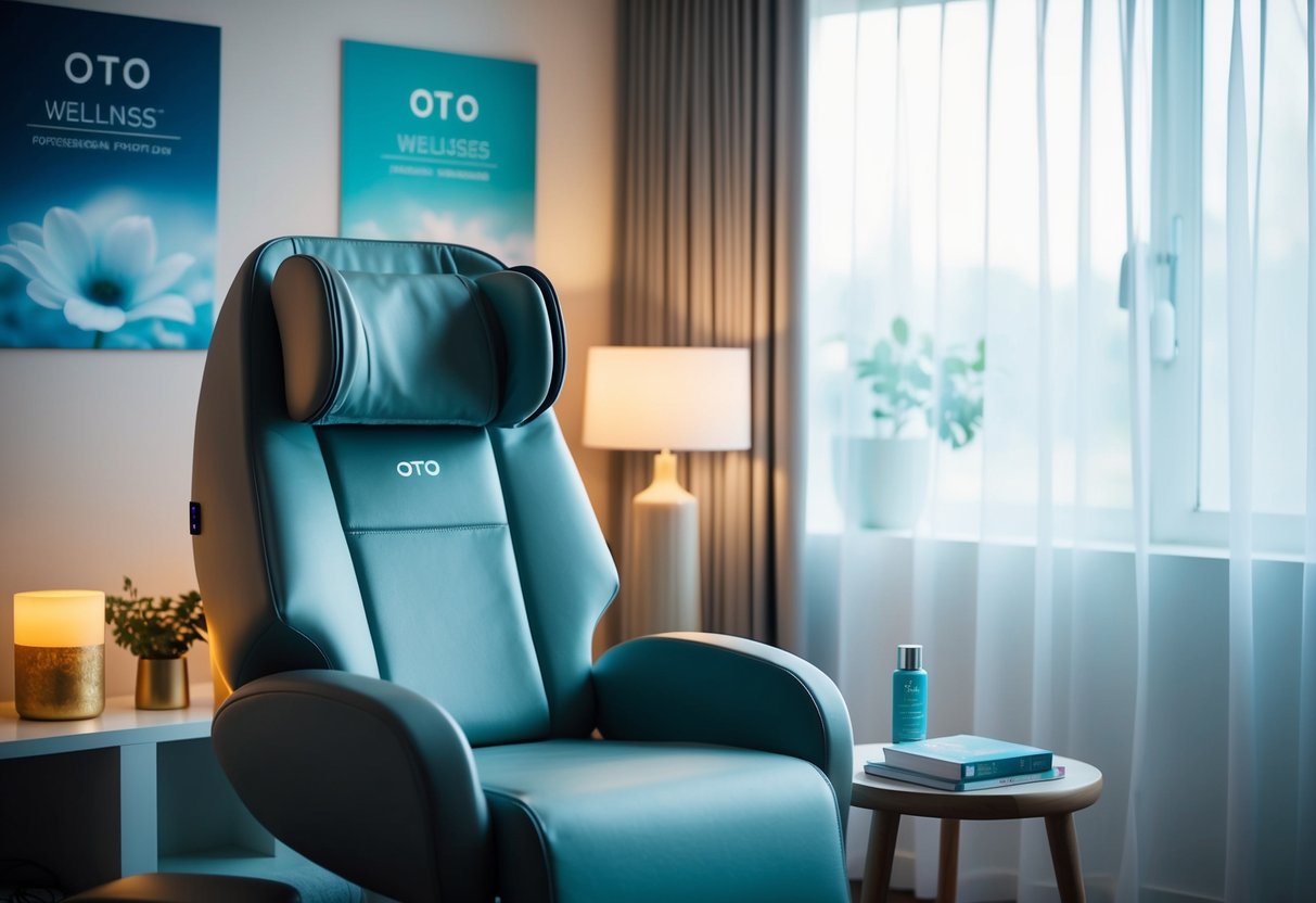 A serene, dimly lit room with the OTO e-Lux Air Massager placed on a comfortable chair, surrounded by soothing wellness promotional materials