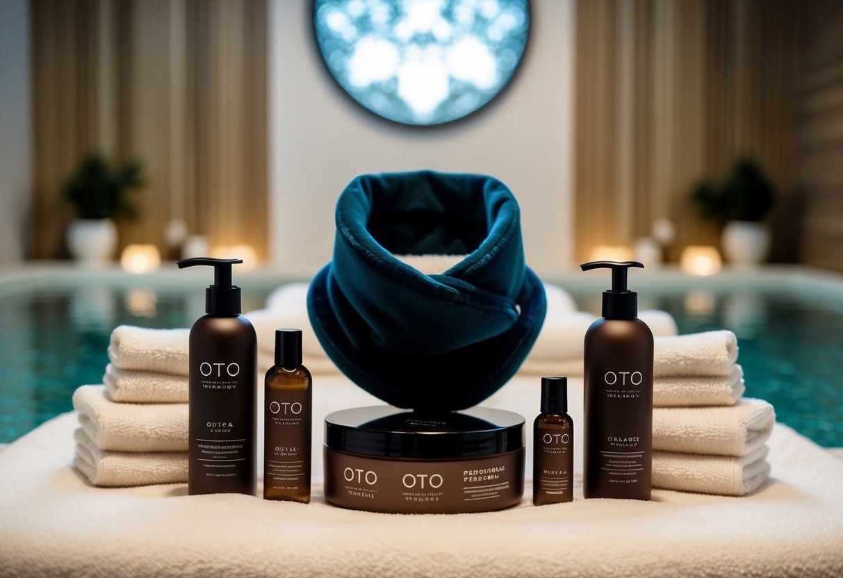 A cozy, serene scene with a neck snuggler surrounded by OTO wellness products, set in a tranquil Singaporean spa