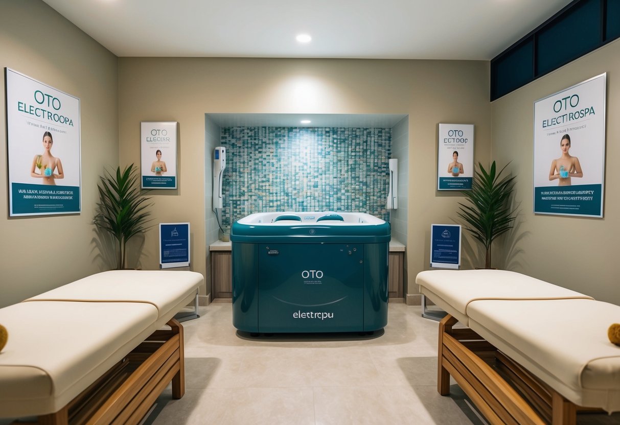 A serene spa room with OTO ElectroSpa equipment surrounded by wellness promotion posters in Singapore