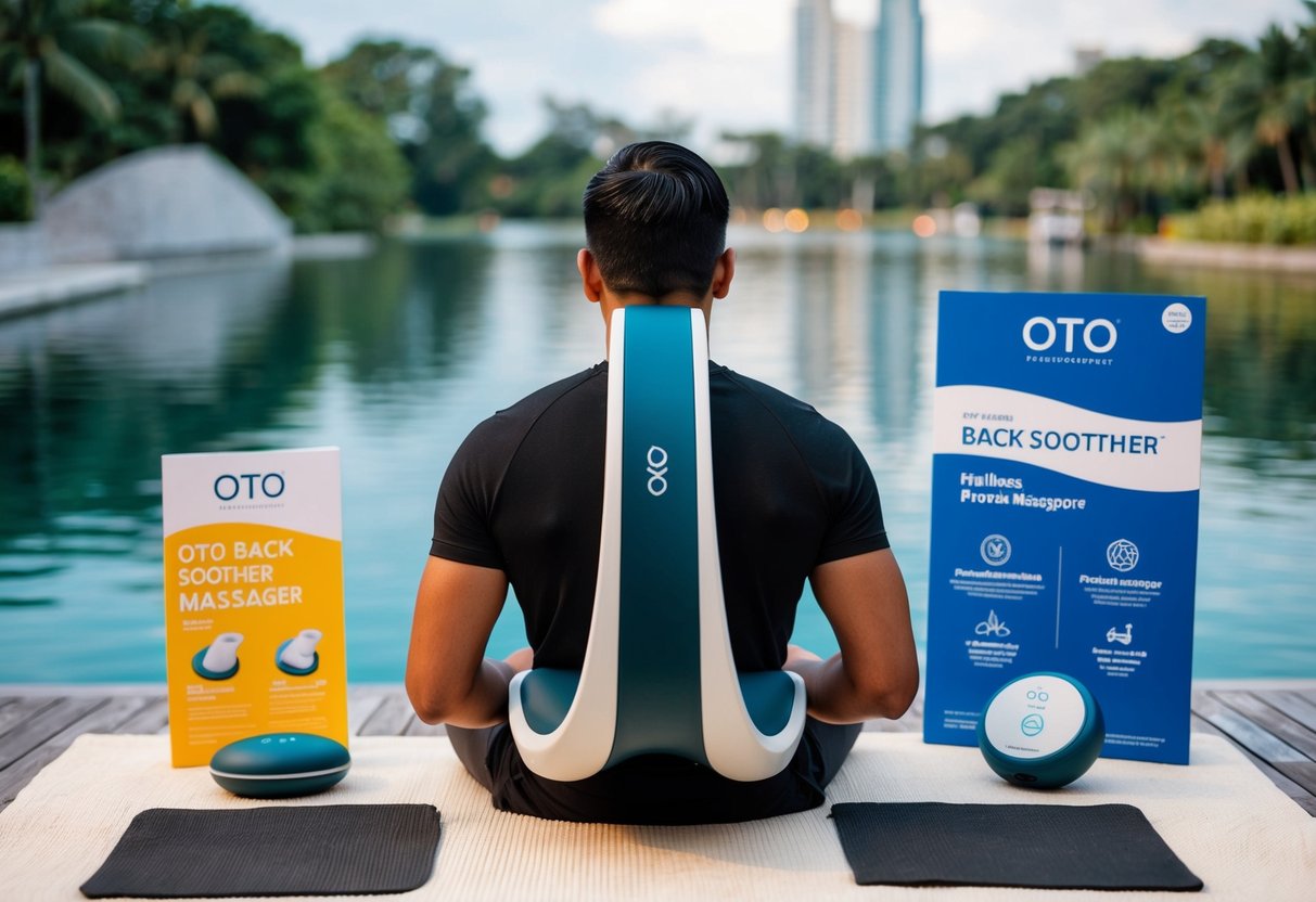 A person using the OTO Back Soother Massager in a tranquil setting, surrounded by wellness promotional materials in Singapore