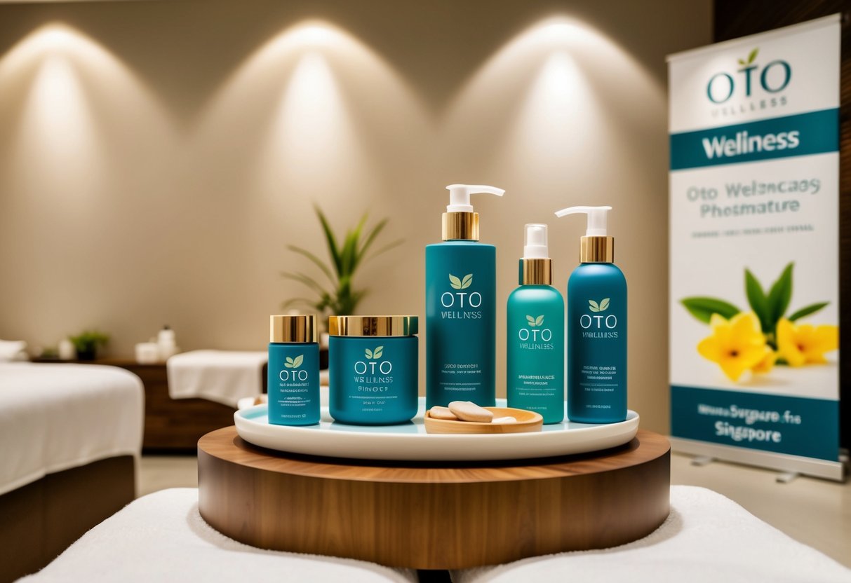 A serene spa setting with OTO wellness products displayed and a promotional banner in Singapore