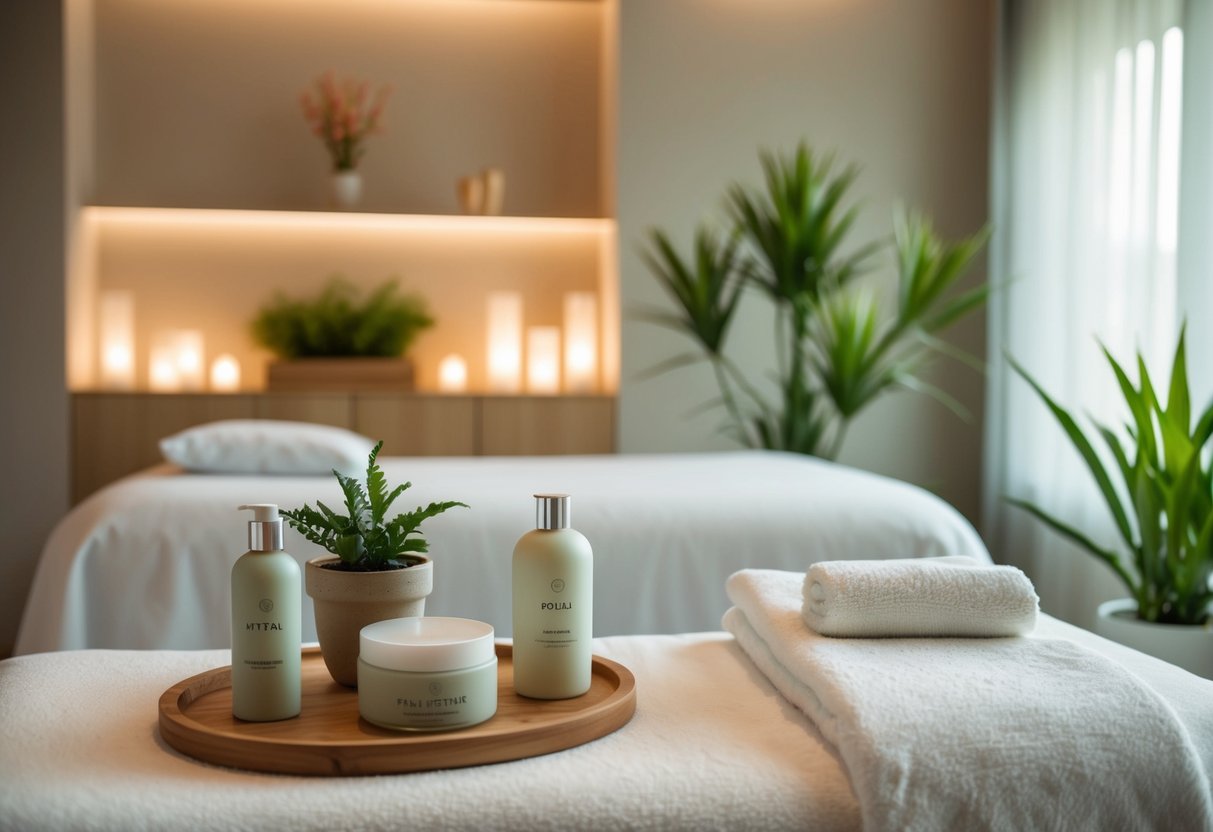A serene spa room with soothing lighting, plants, and wellness products on display
