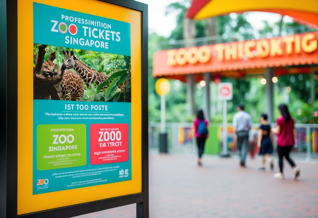A colorful poster displays zoo ticket promotions in Singapore