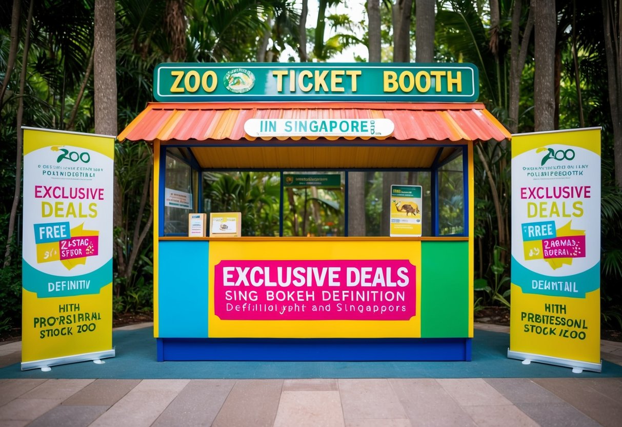 A colorful zoo ticket booth with promotional signs and banners for exclusive deals in Singapore
