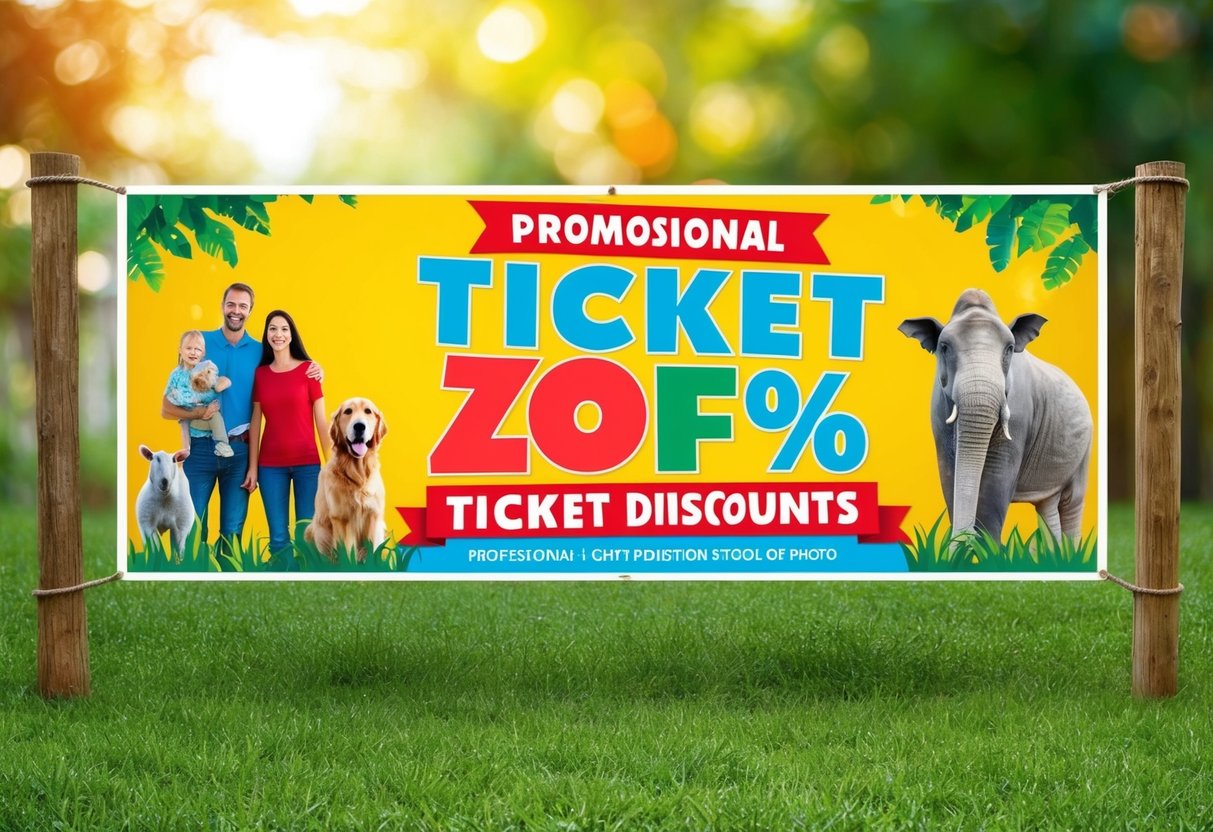 A colorful banner promoting zoo ticket discounts with happy families and animals