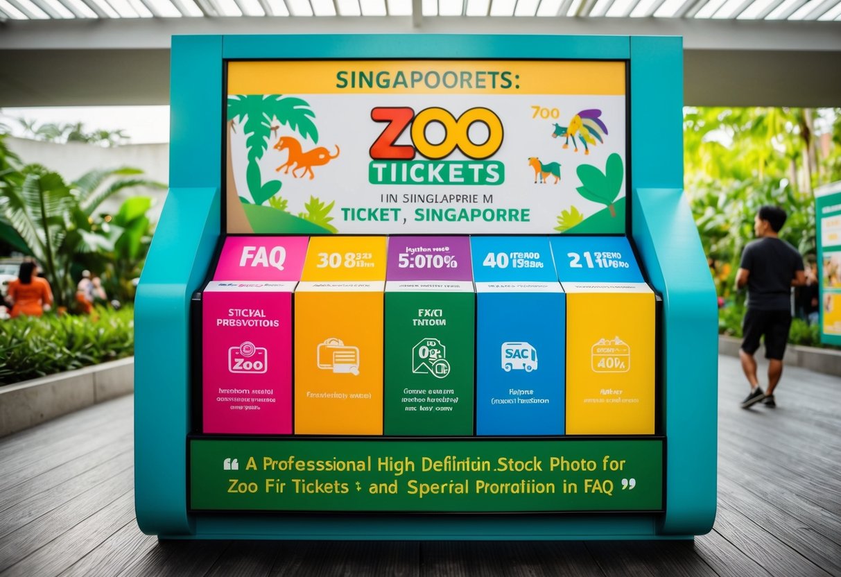 A colorful promotional display for zoo tickets in Singapore, with a FAQ section and special promotions highlighted