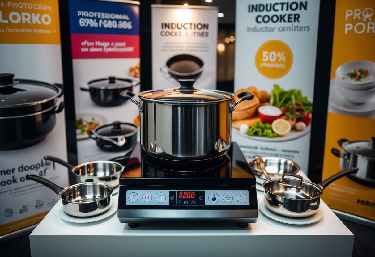 An induction cooker surrounded by promotional banners and signs, with a display of various cookware and utensils nearby