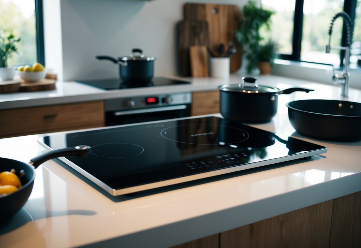 A modern kitchen with a sleek Prestige Induction Cooktop 1.0 on the counter, surrounded by pots and pans