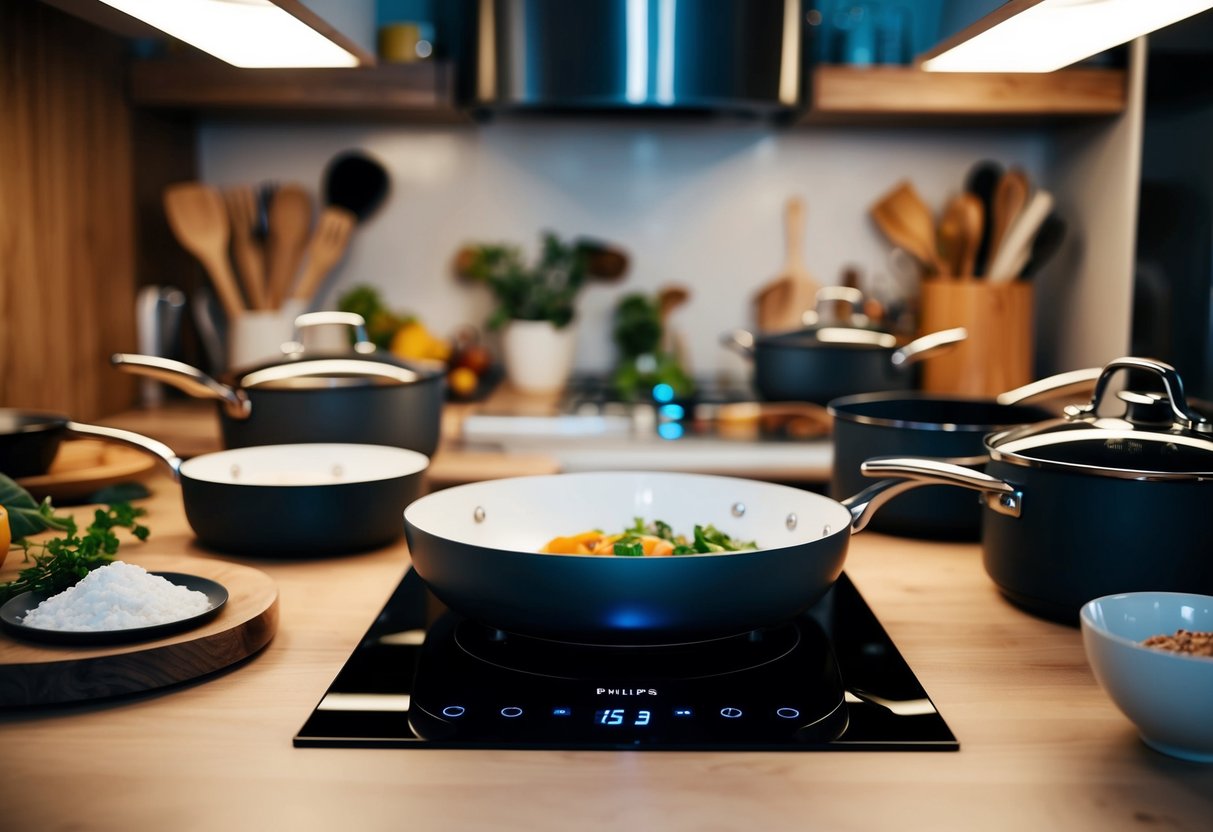 A kitchen scene with a Philips Daily Collection Induction Hob prominently displayed, surrounded by various cookware and ingredients