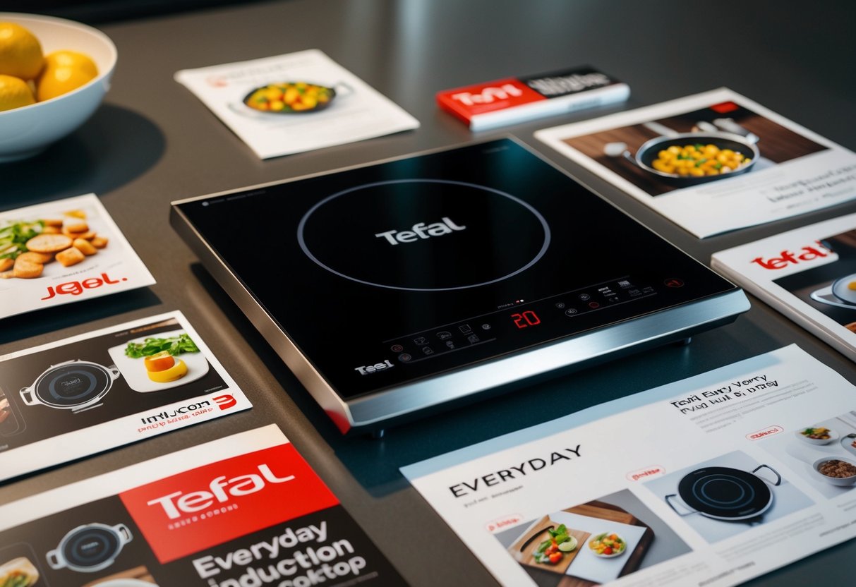A modern kitchen with a Tefal Everyday Induction Cooktop surrounded by promotional materials