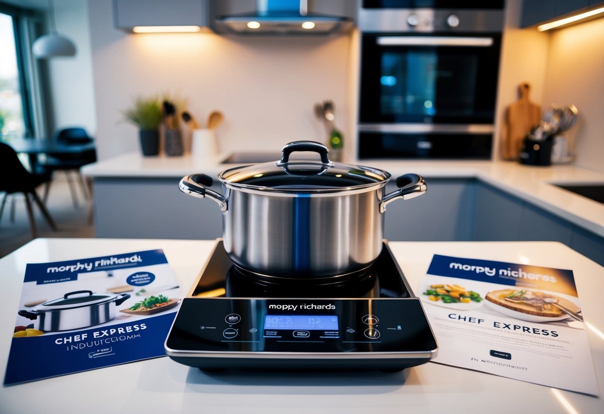 A modern kitchen with a sleek Morphy Richards Chef Express Induction Cooker, surrounded by promotional materials