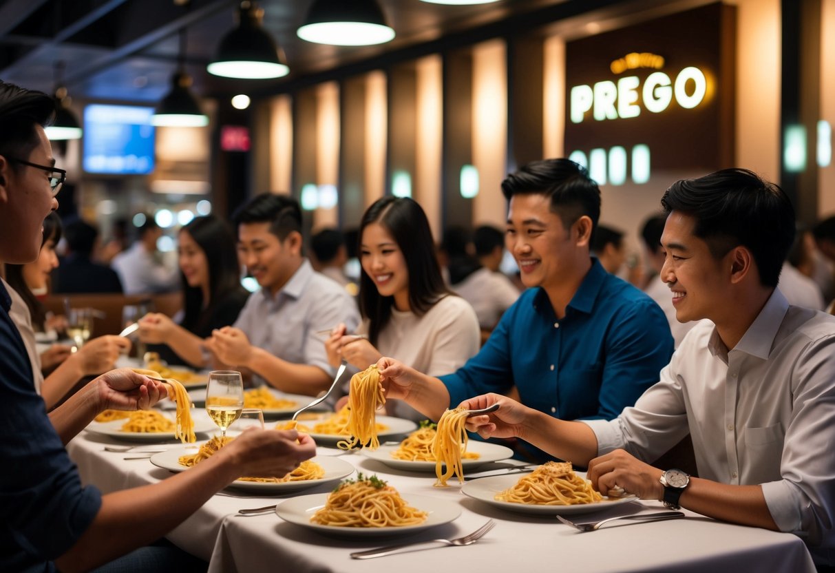 A bustling restaurant scene with steaming plates of pasta being served to eager customers during the 2-for-1 Pasta Nights promotion at Prego in Singapore