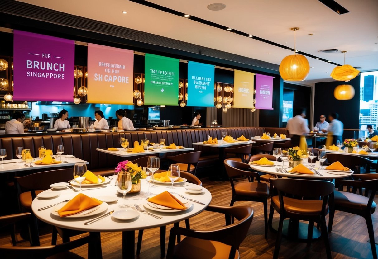 A bustling restaurant scene with tables set for brunch, colorful promotional banners, and a lively atmosphere in Singapore