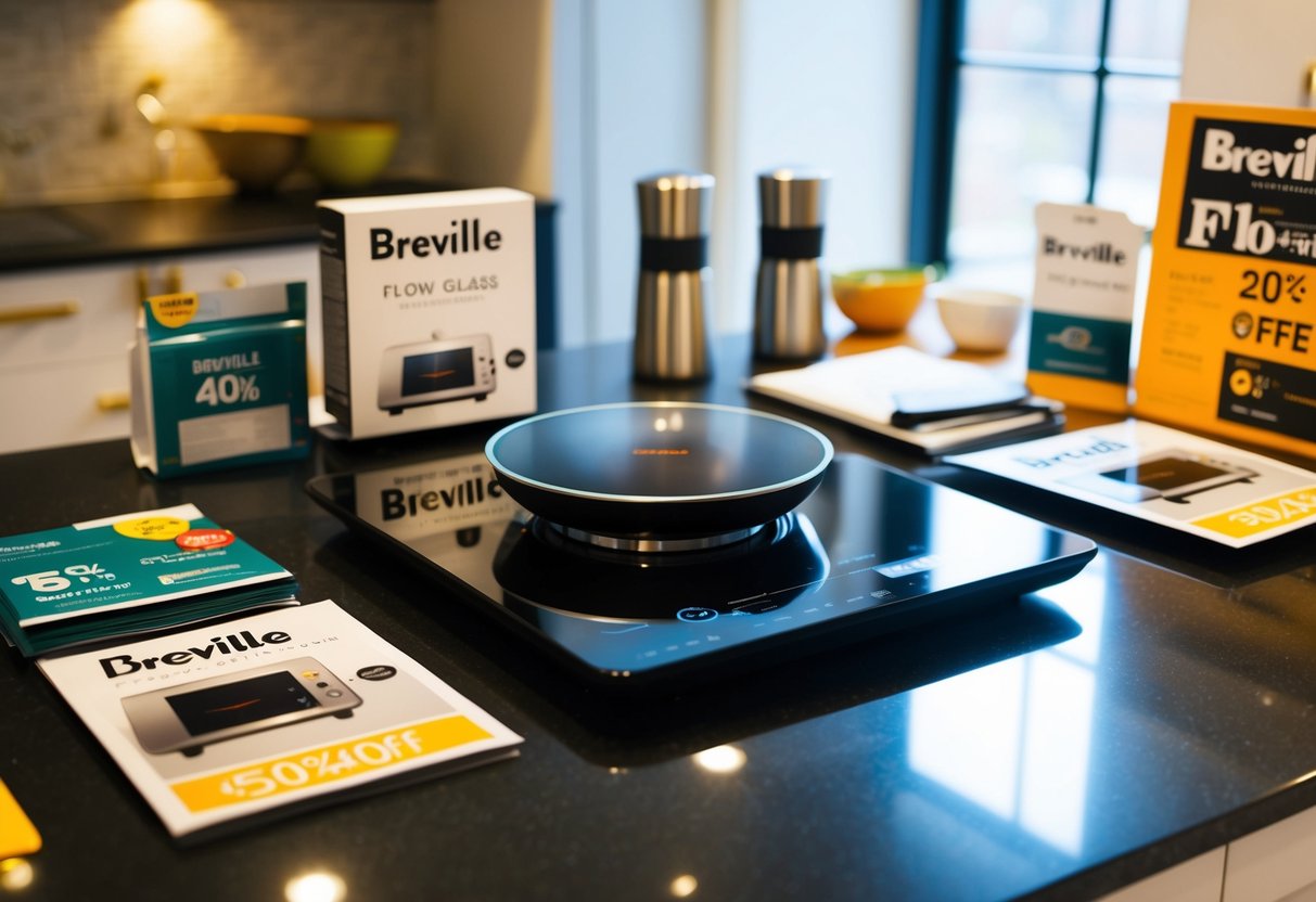 A sleek Breville Flow Glass Induction Hob sits on a kitchen counter, surrounded by promotional materials and discounts