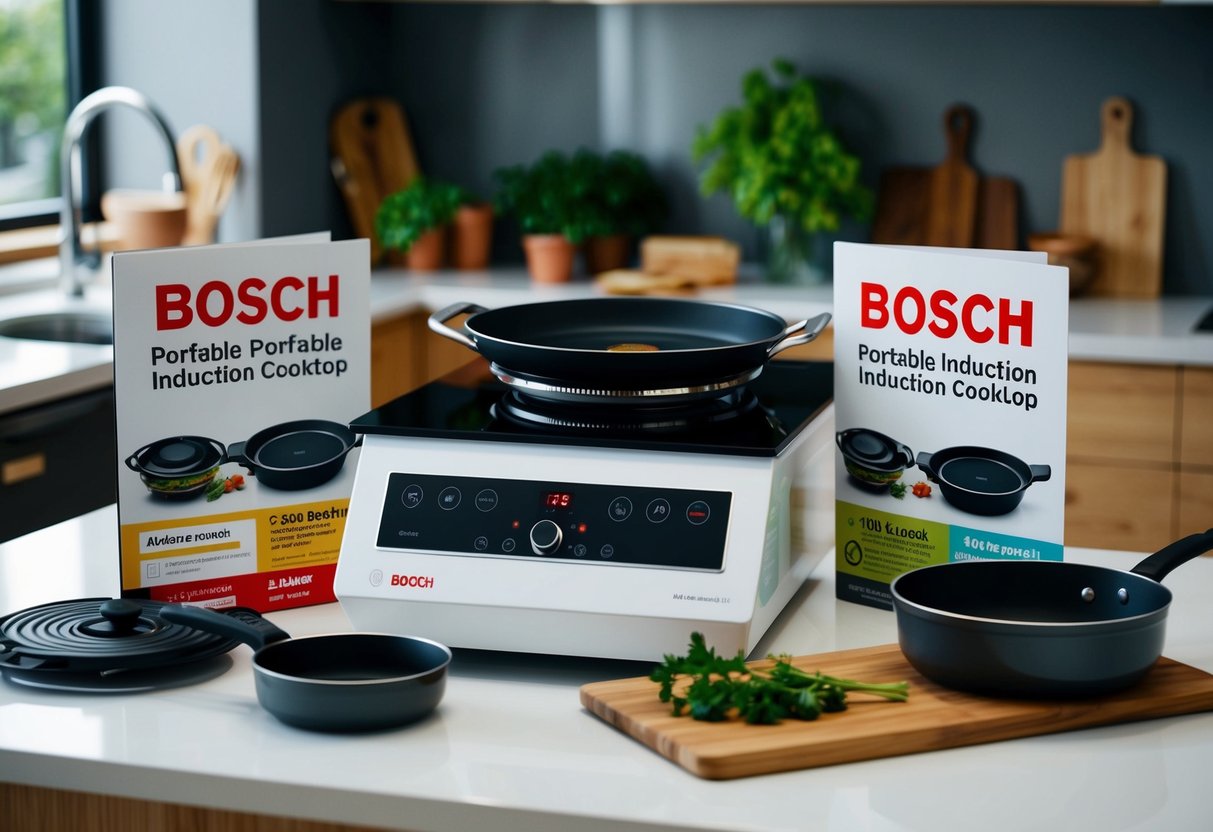 A modern kitchen with a Bosch Portable Induction Cooktop displayed prominently, surrounded by promotional materials and cookware