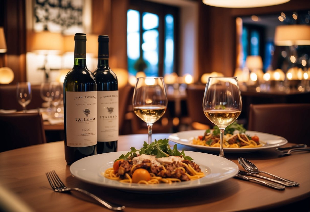 A cozy restaurant scene with wine bottles, glasses, and Italian cuisine on a table, surrounded by warm lighting and elegant decor