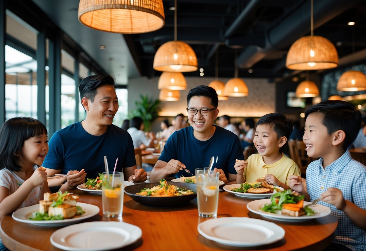 Families enjoying a meal at Prego restaurant in Singapore on a Sunday, with kids eating for free as part of the promotion