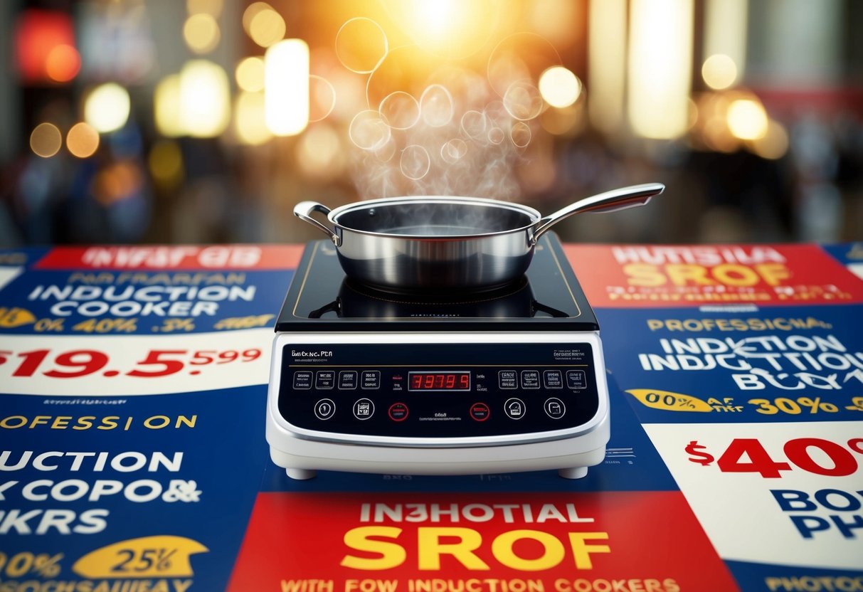 An induction cooker surrounded by promotional banners and discounts
