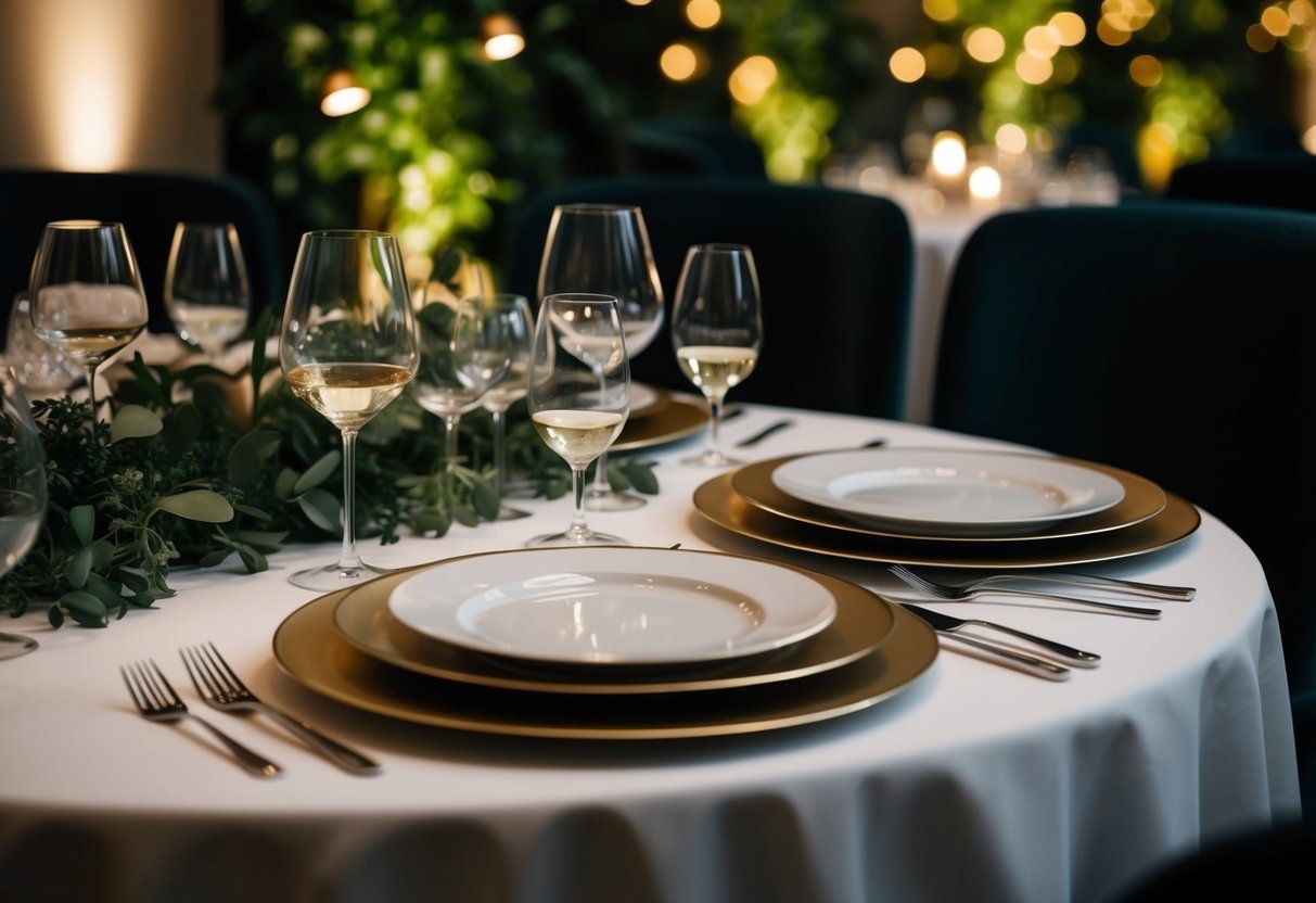 A table set with elegant dishes and wine glasses, surrounded by dim lighting and lush greenery, evoking an upscale dining experience