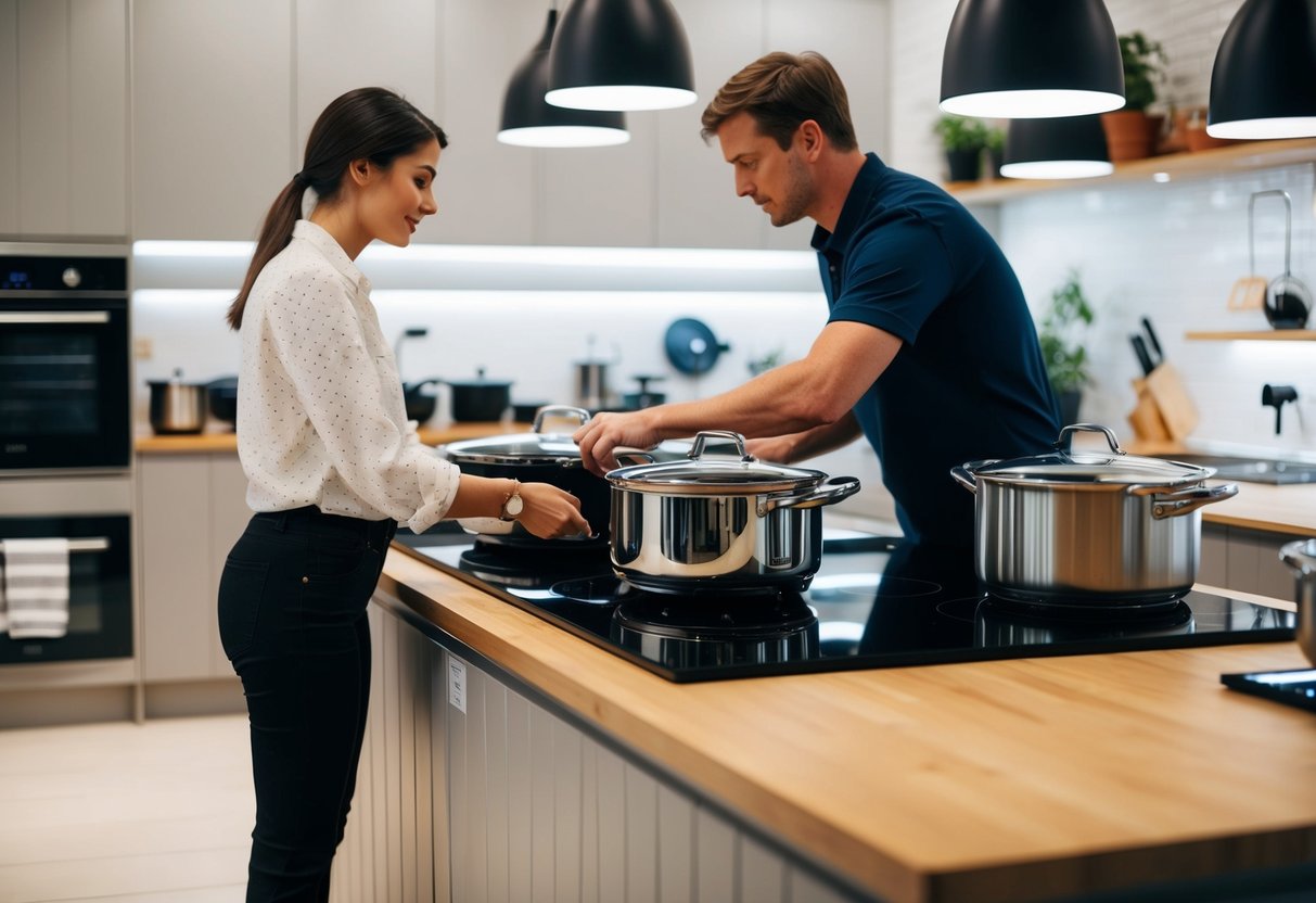 A person comparing different induction cookers on display at a kitchen appliance store